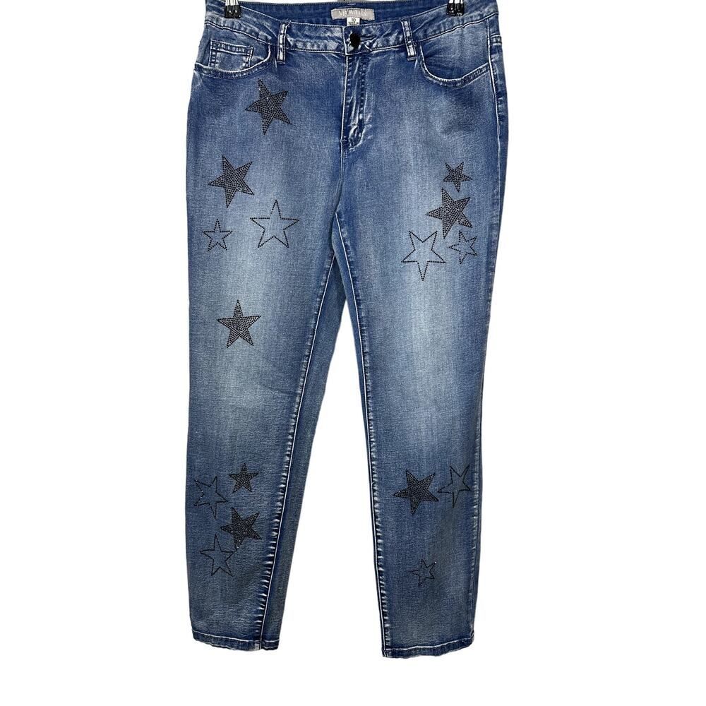 VIA RITINA Women's Denim Rhinestone Star Skinny Jeans Blue Size 10 - Picture 2 of 14
